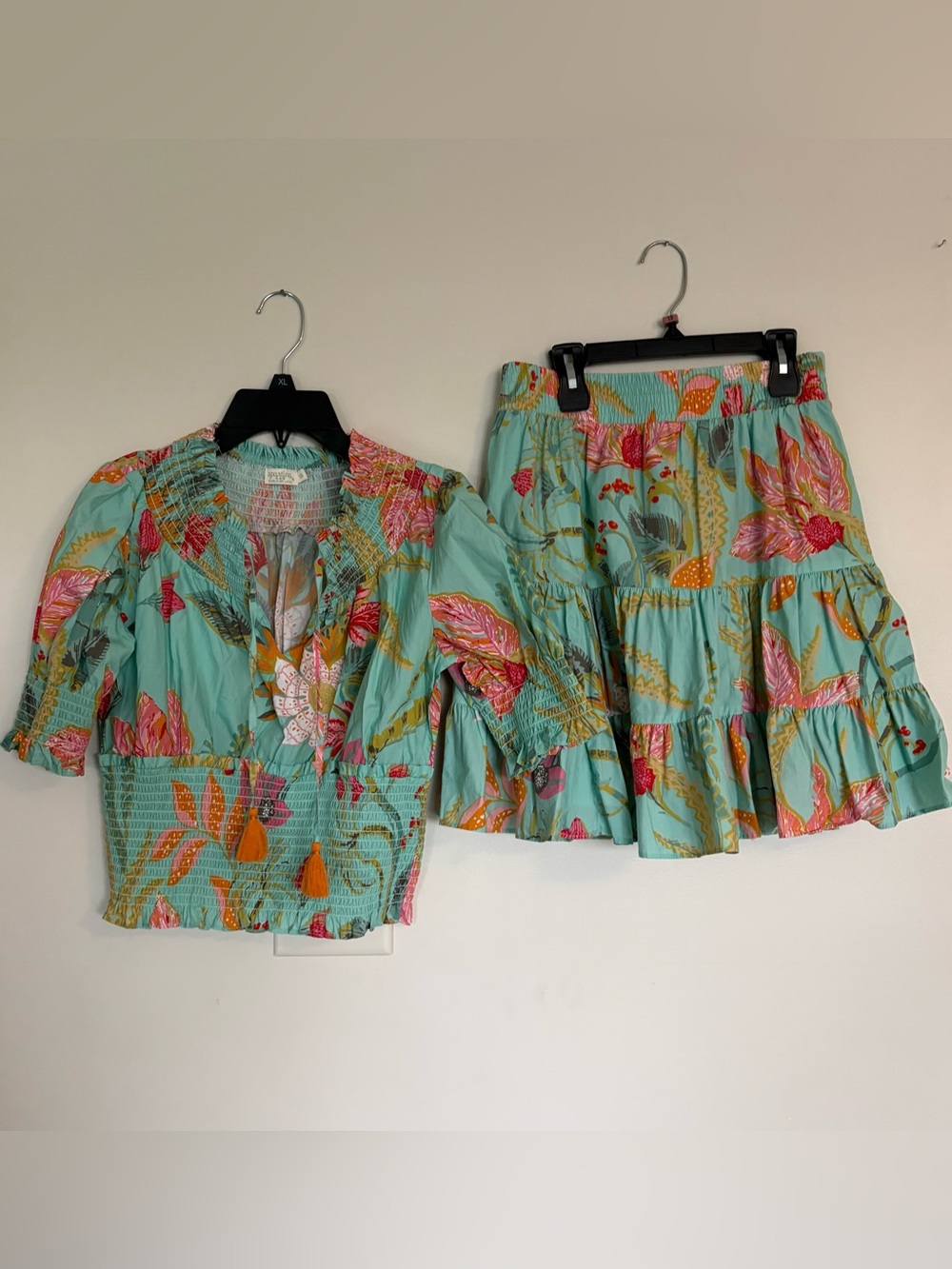 Spartina 449 Feminine Floral Sea Foam Smocked Top & Skirt Set
